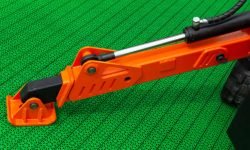 Crane stabilizer foot, hydraulic column for lifting vehicle up into the air. Hydraulic support construction for crane. Industry equipment concept